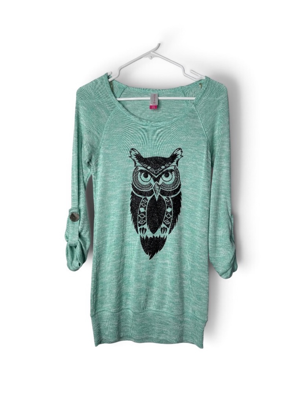 NO BOUNDARIES Tunic Knit Top Junior’s Small 3/4 Sleeve Mint Green Glitter Owl